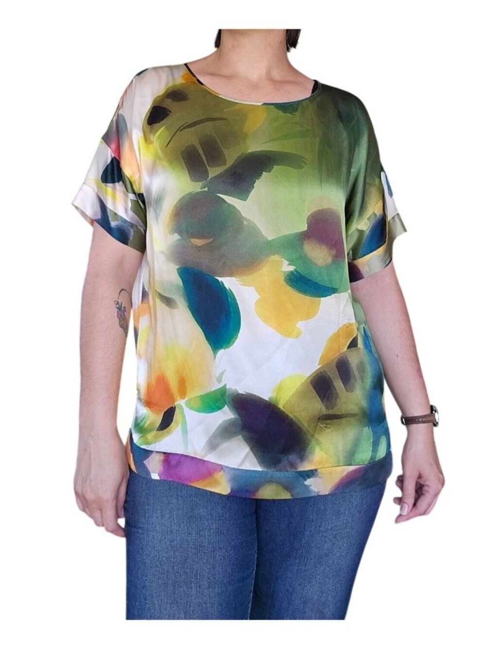 Lafayette 148 New York Silk Abstract Watercolor Blouse Top Womens Size M Spring